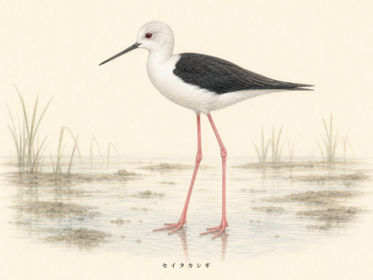 浅い湿地に立つセイタカシギの成鳥を描いた淡い色鉛筆画