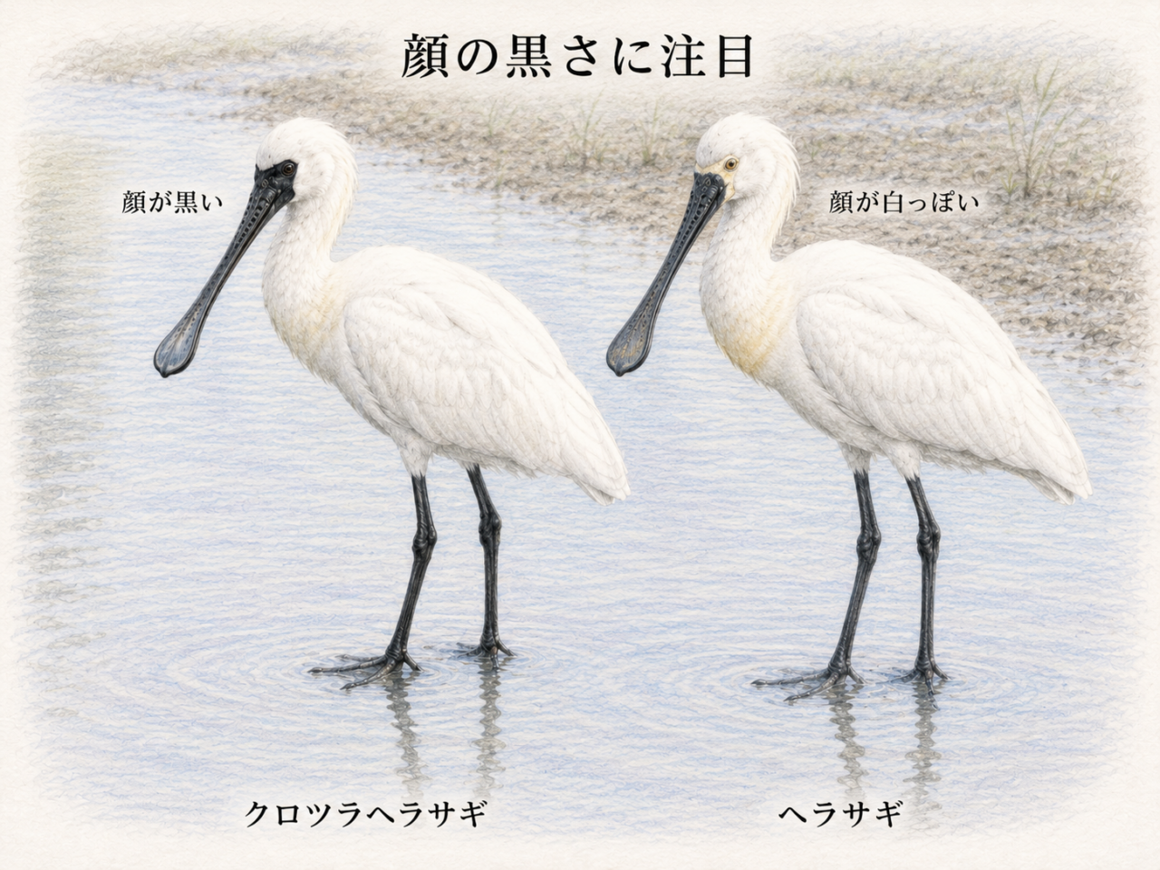 クロツラヘラサギとヘラサギの違い
