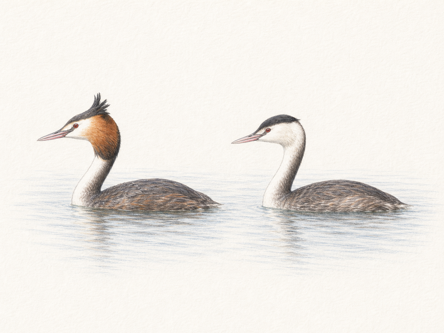 カンムリカイツブリの夏羽と冬羽の違いを比較した色鉛筆画