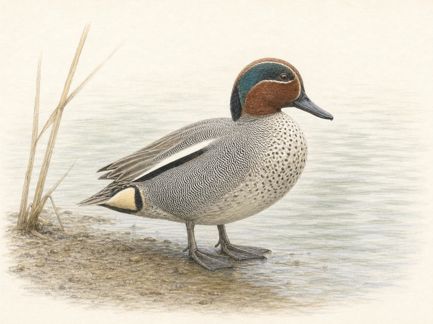 コガモのオスの全身と水かきのある足を描いた図鑑風色鉛筆画