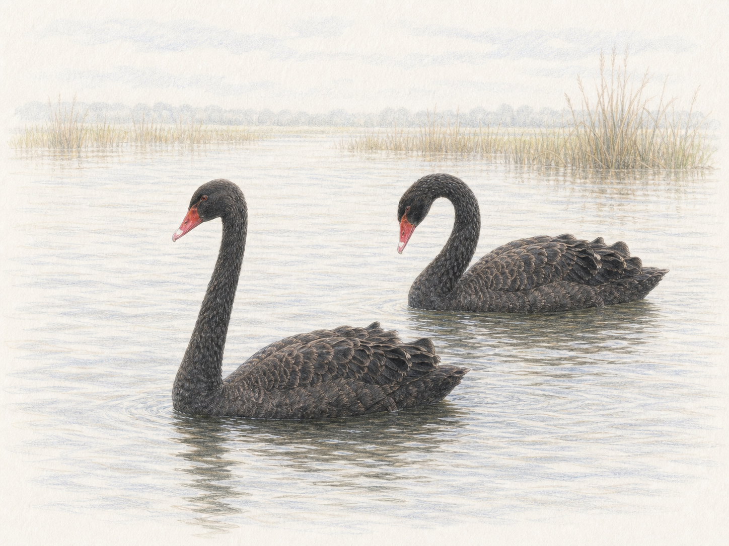湖の湿地を並んで泳ぐコクチョウのつがいの図鑑風イラスト