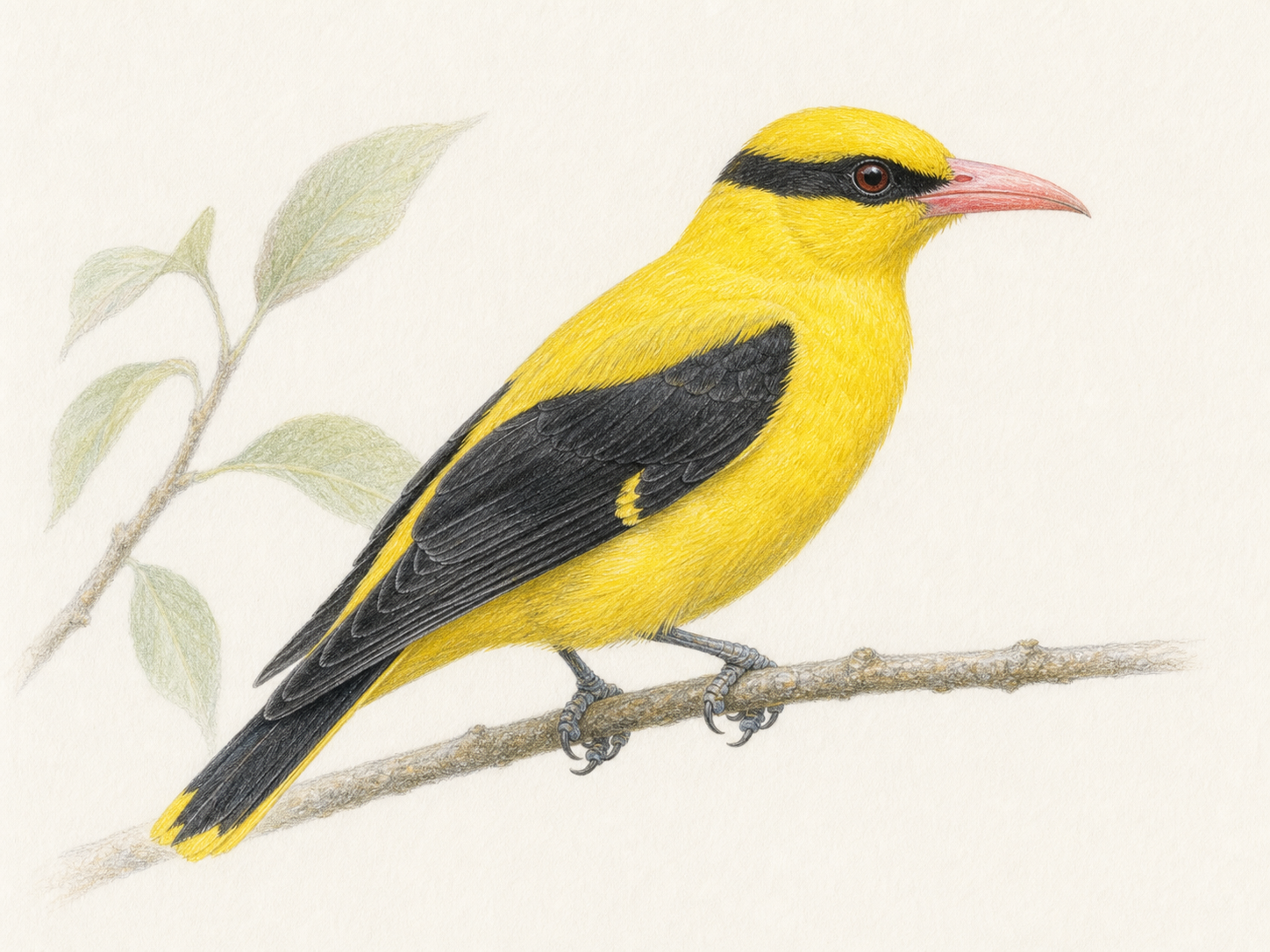 枝にとまるコウライウグイス成鳥オスの全身側面イラスト