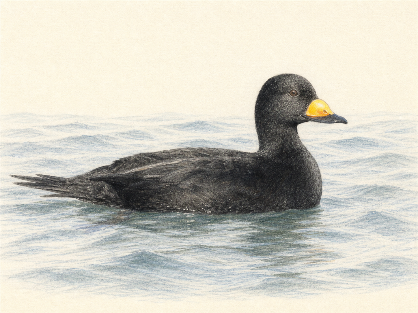 クロガモの成鳥オスの特徴を描いた図鑑風イラスト