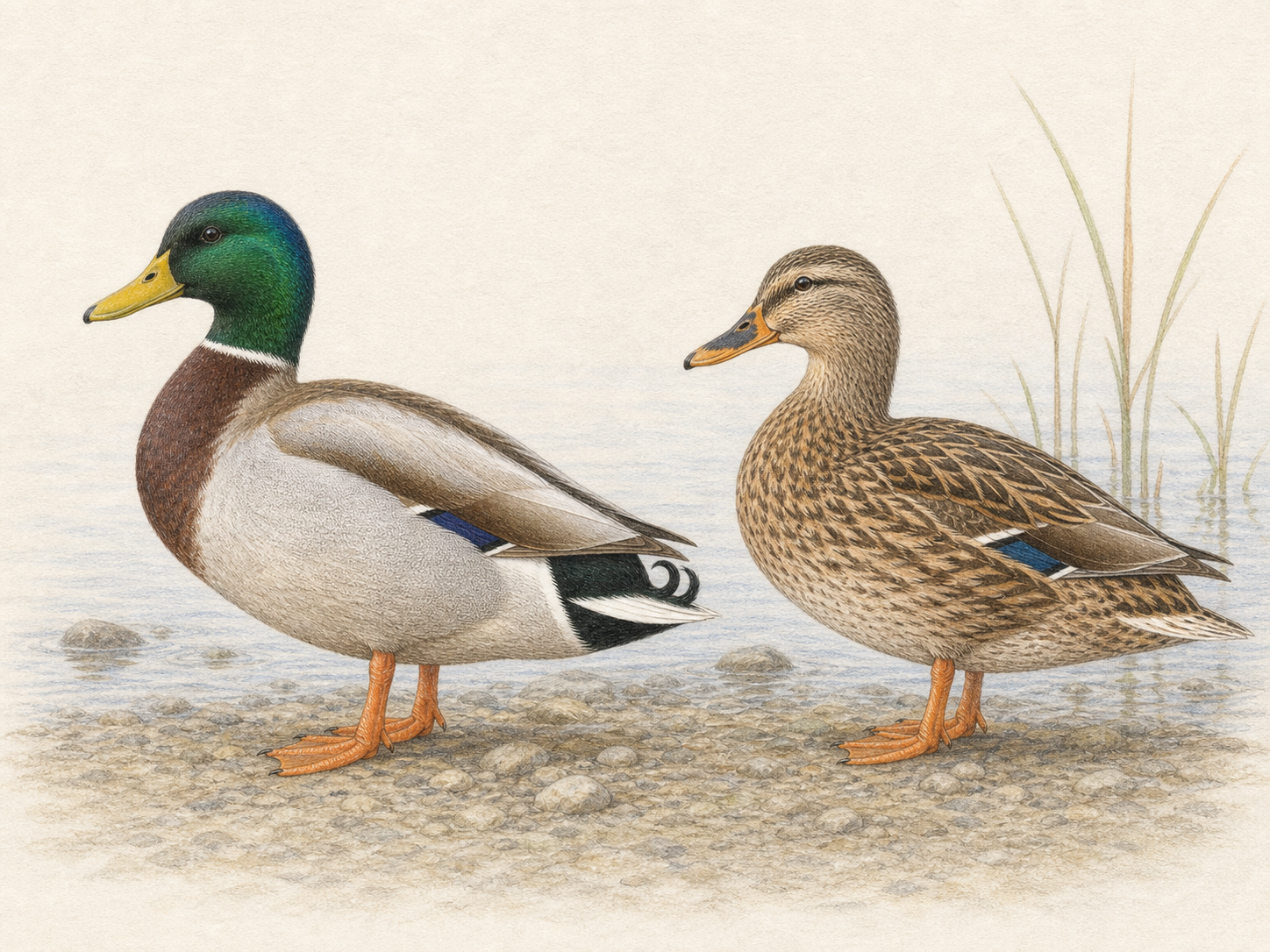 マガモのオスとメスの特徴を描いた淡い色鉛筆画