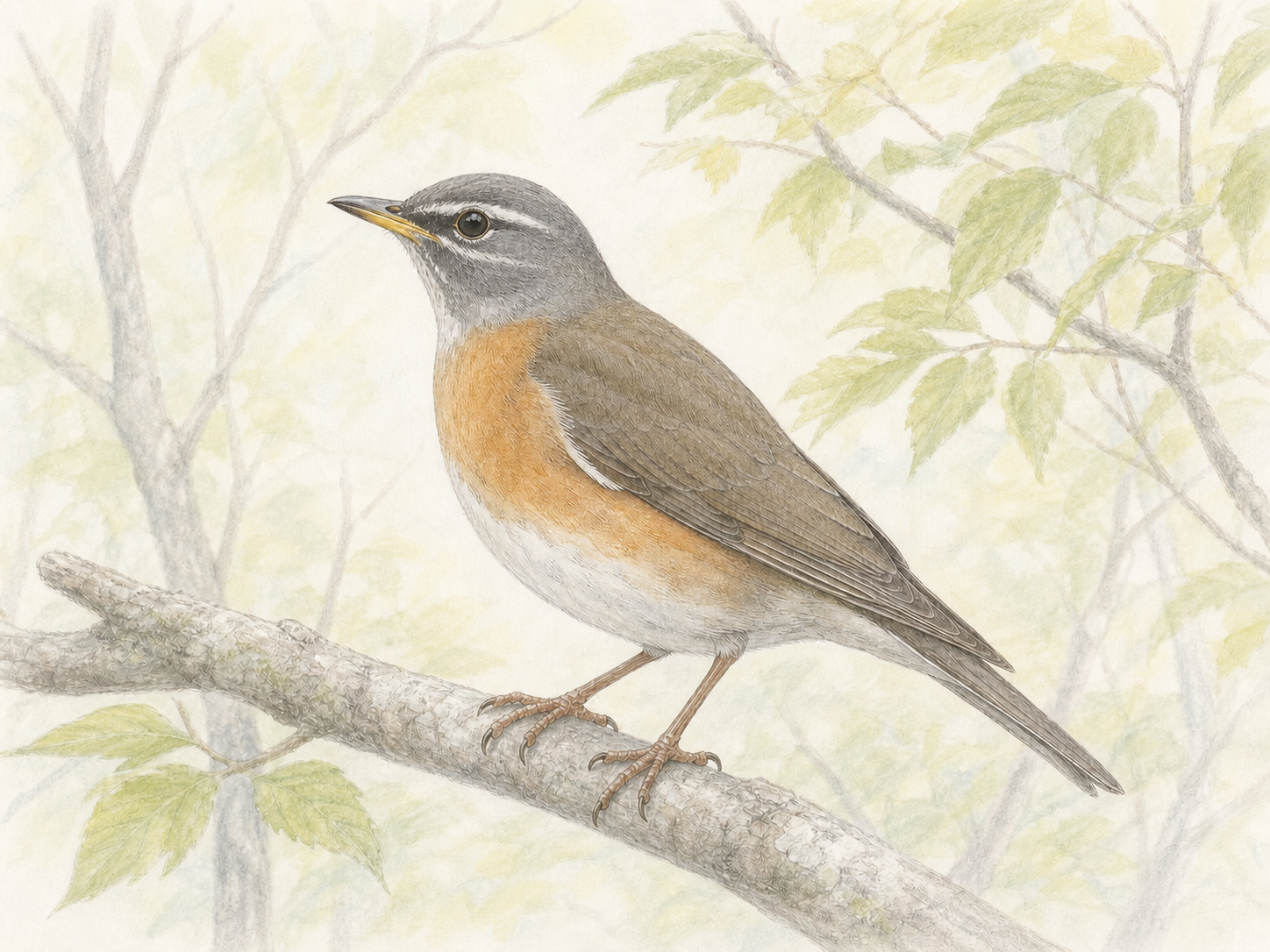 目の下の細い白線がわかるマミチャジナイの成鳥オスの色鉛筆画