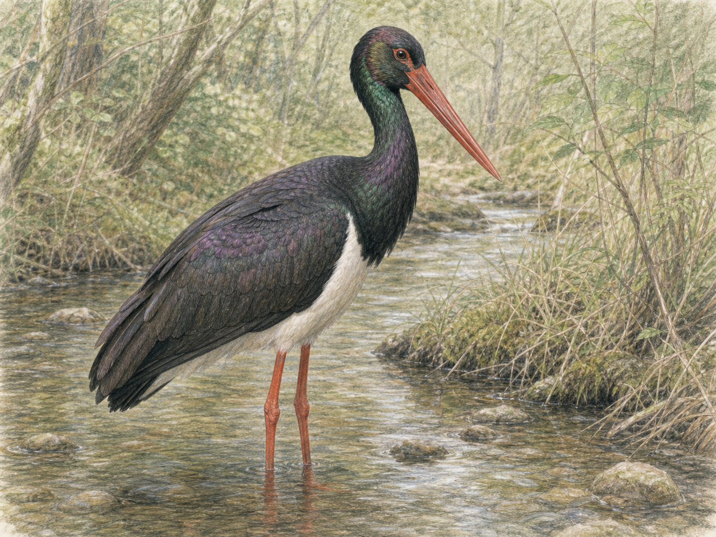 森林の小川に立つナベコウ成鳥の全身イラスト
