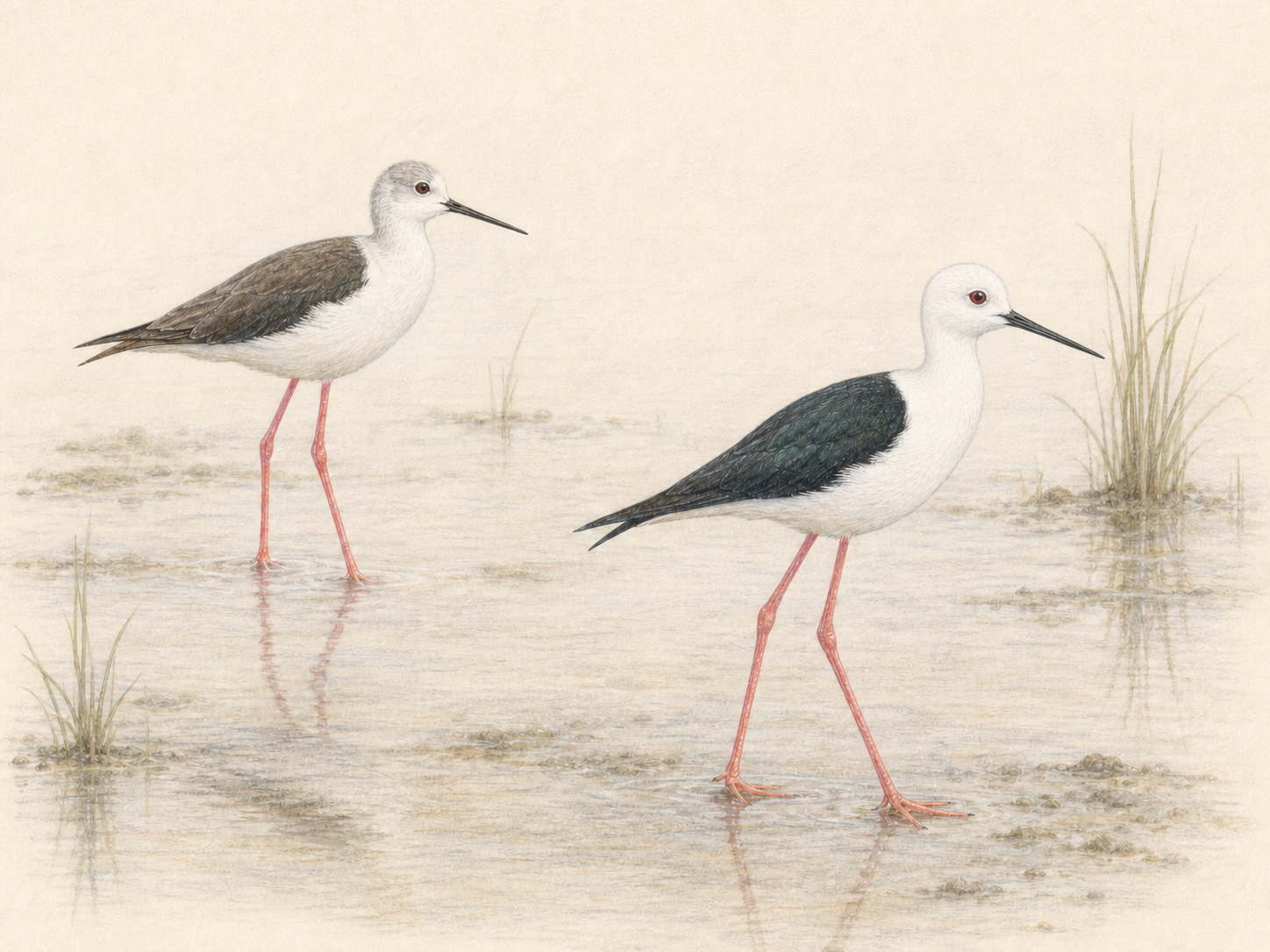 浅い湿地に立つ通常のセイタカシギのオスとメスを描いた淡い色鉛筆画