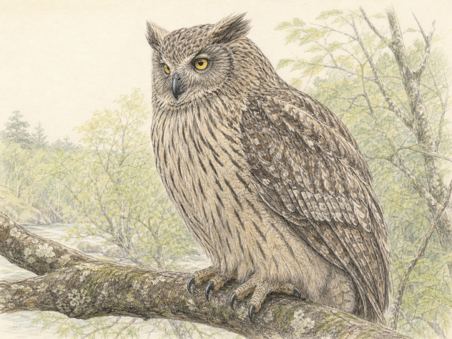 大木の枝に止まるシマフクロウ成鳥の図鑑風イラスト