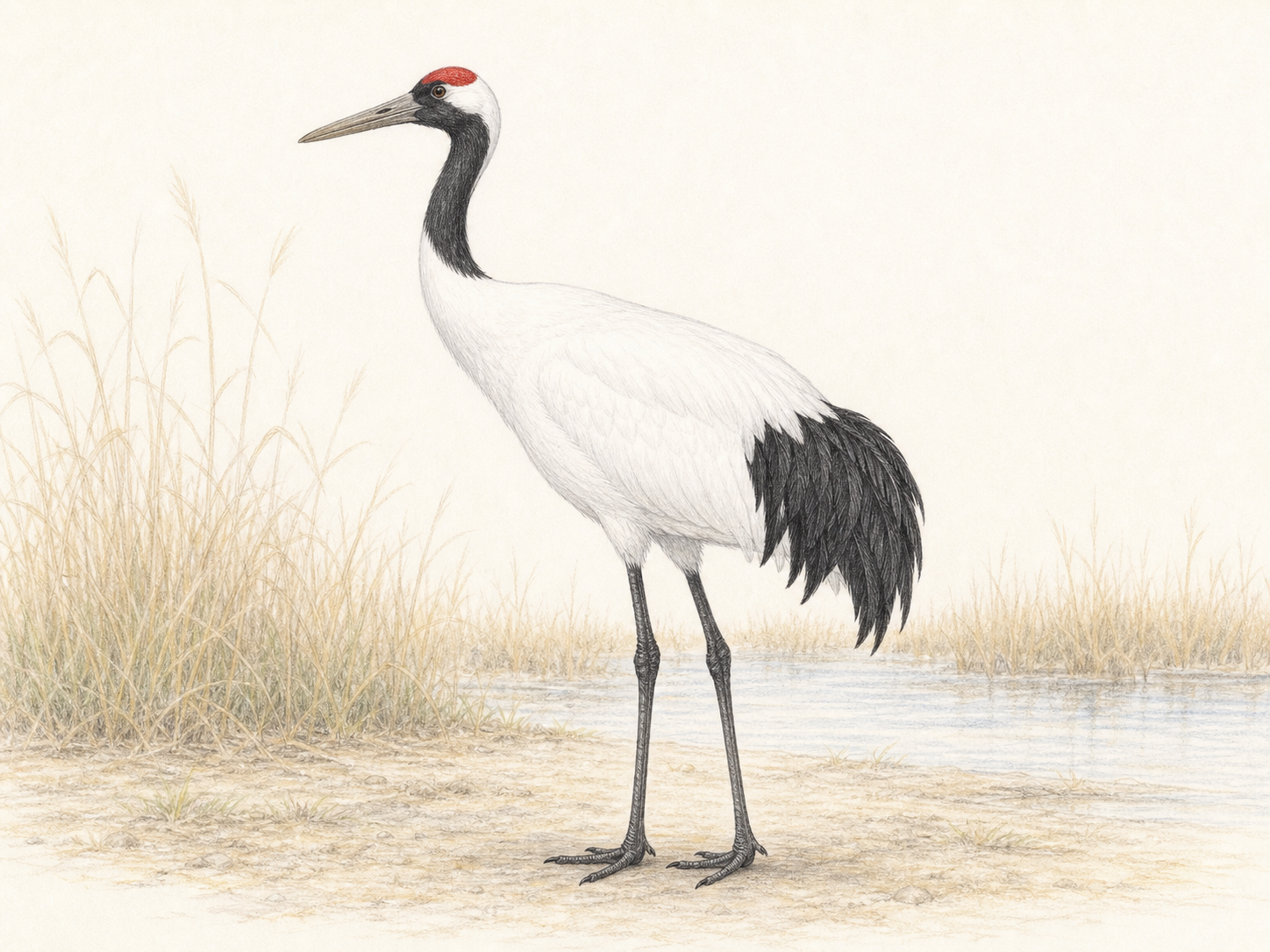 タンチョウの基本情報イラスト タンチョウとはどんな鳥かを示す成鳥の横向き全身イラスト