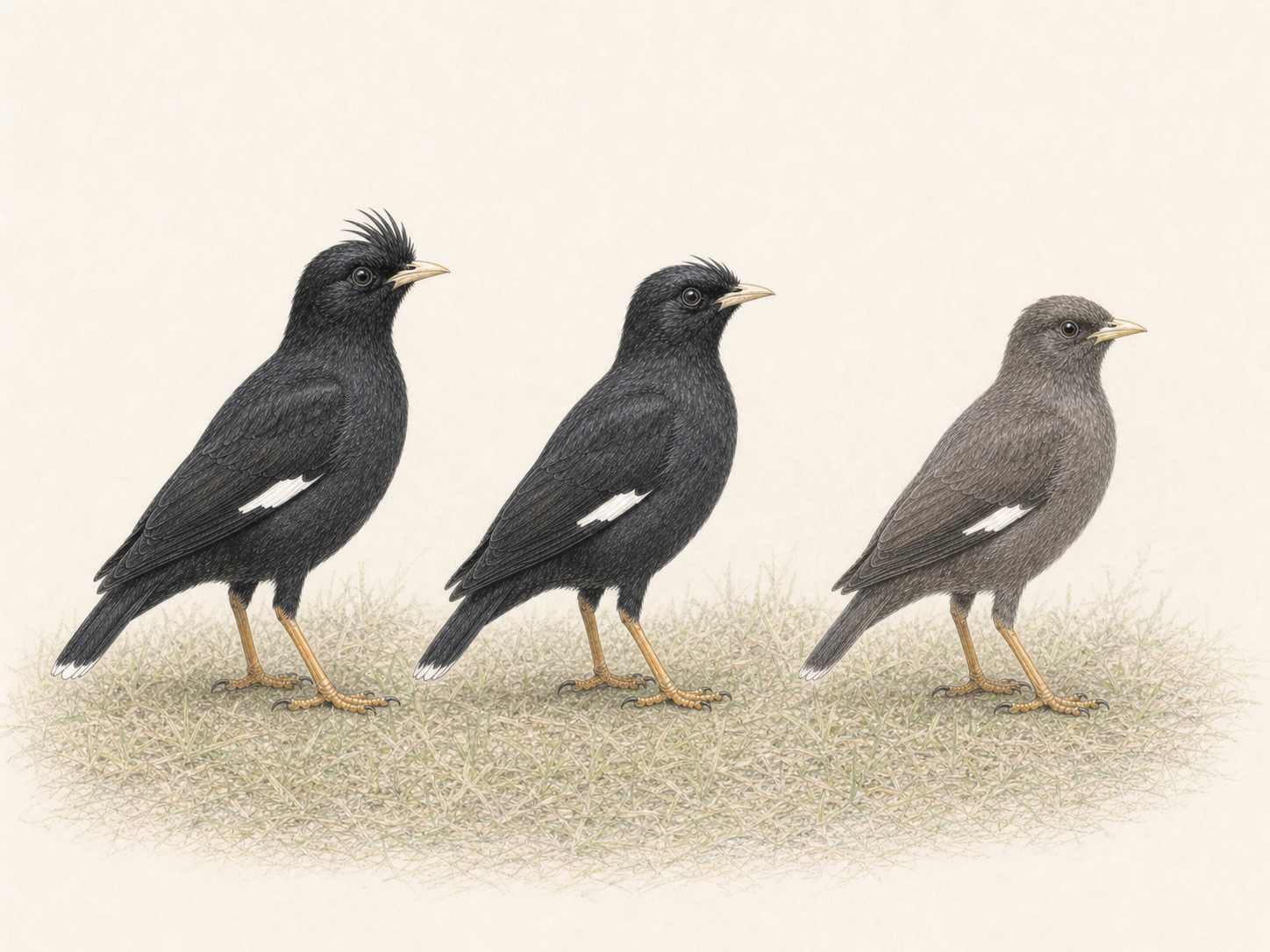 ハッカチョウのオス・メス・幼鳥の違いを描いた色鉛筆画