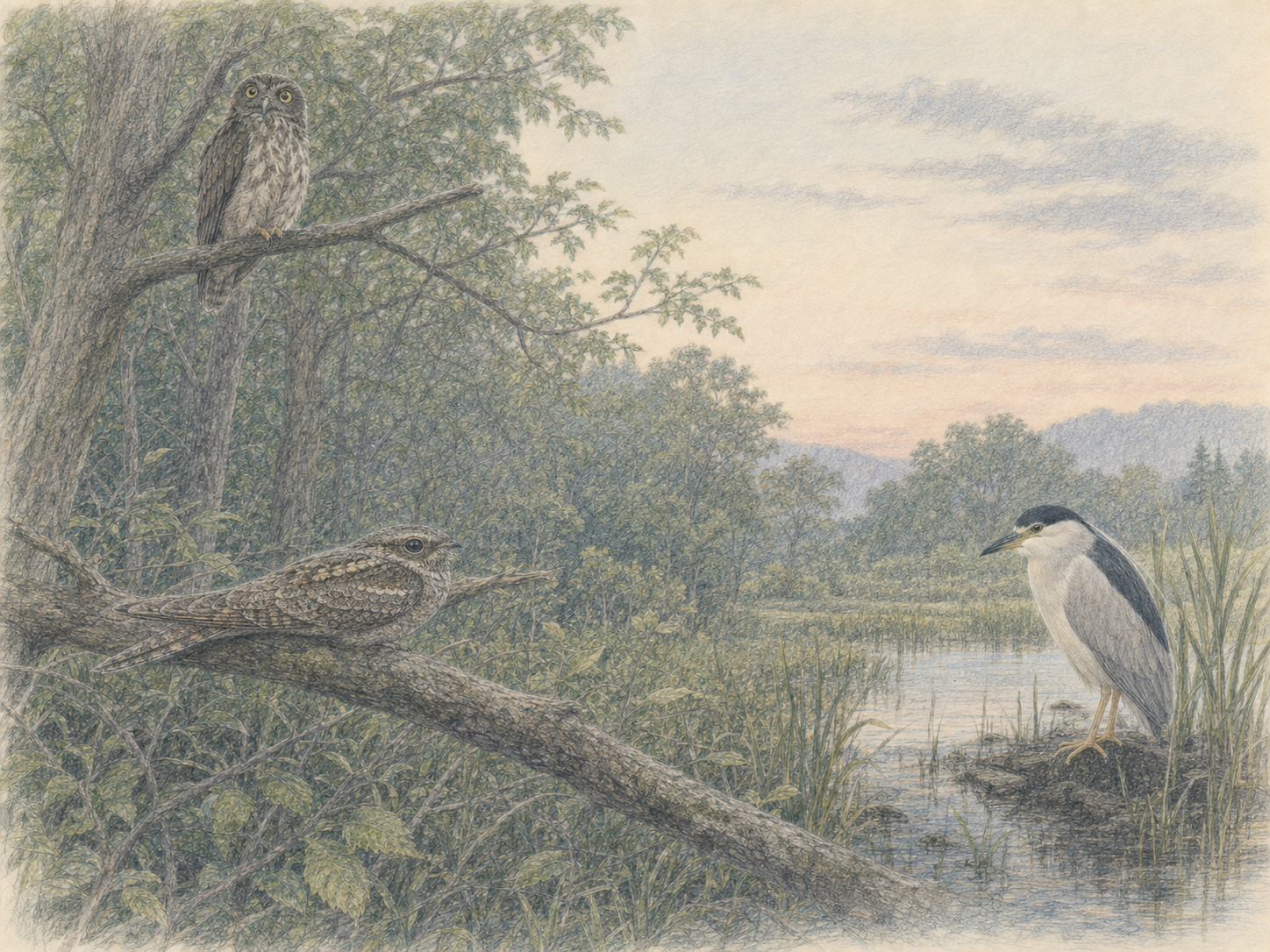 夏の夜に鳴く鳥を声のリズムから探す様子を描いた図鑑風色鉛筆画