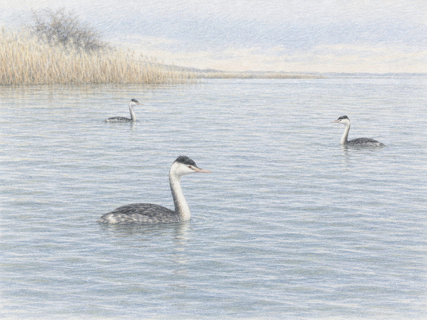 日本の湖沼で越冬するカンムリカイツブリの群れの色鉛筆画