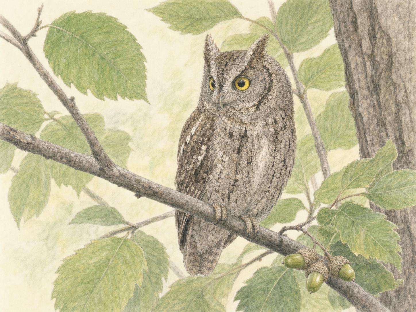 葉やドングリと比べて小さな体がわかるコノハズクの色鉛筆画