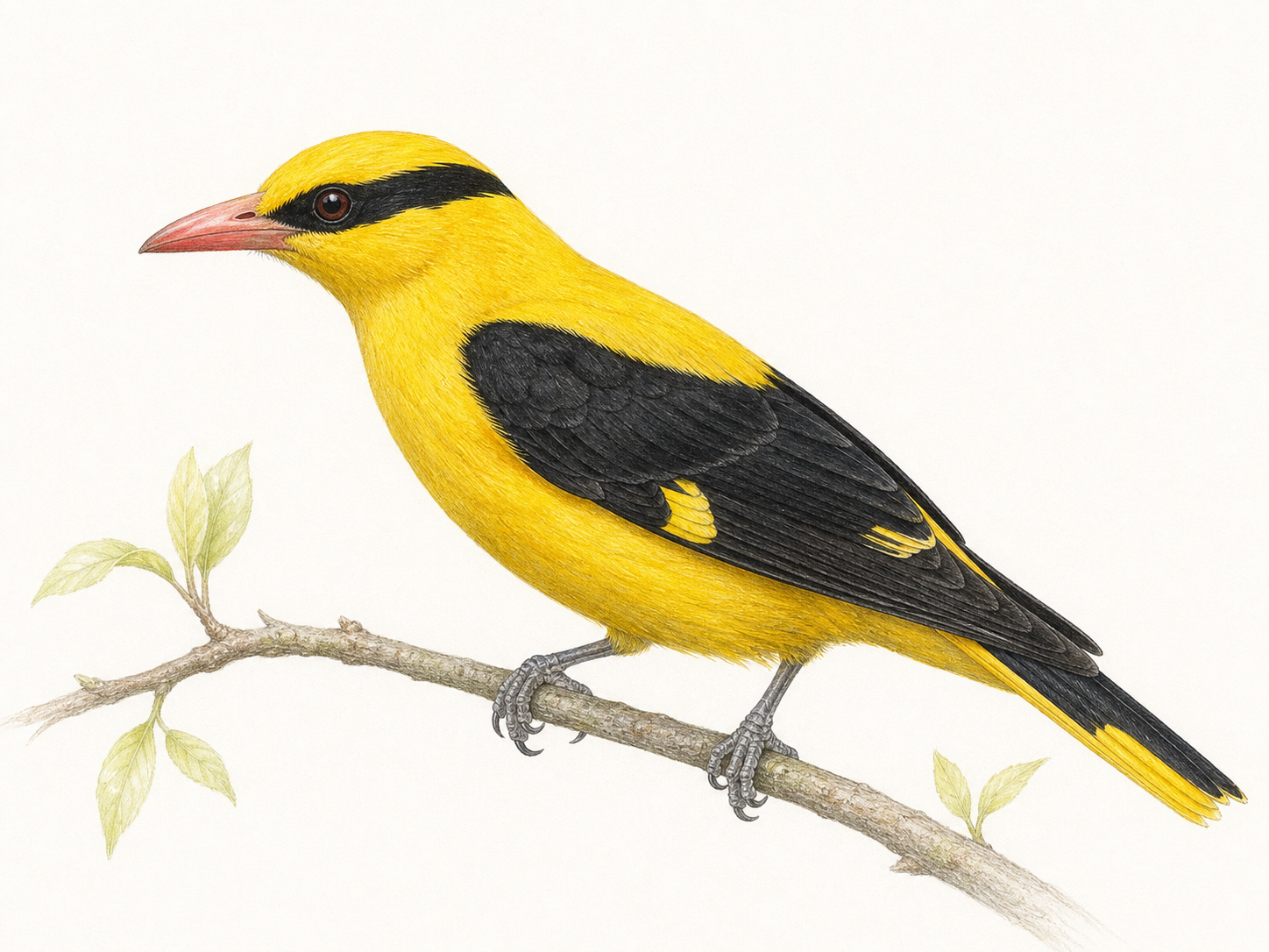 コウライウグイス成鳥オスの全身と黒い過眼線を示した図鑑風イラスト