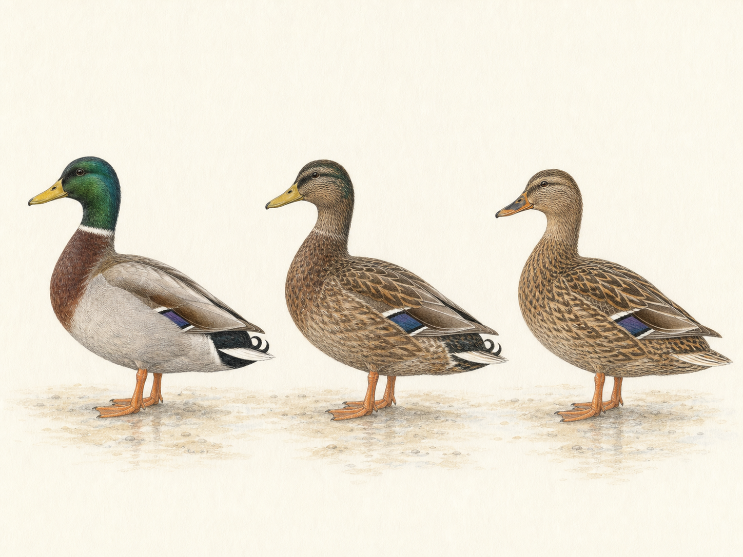 マガモのオス、エクリプス、メスの違いを並べた色鉛筆画