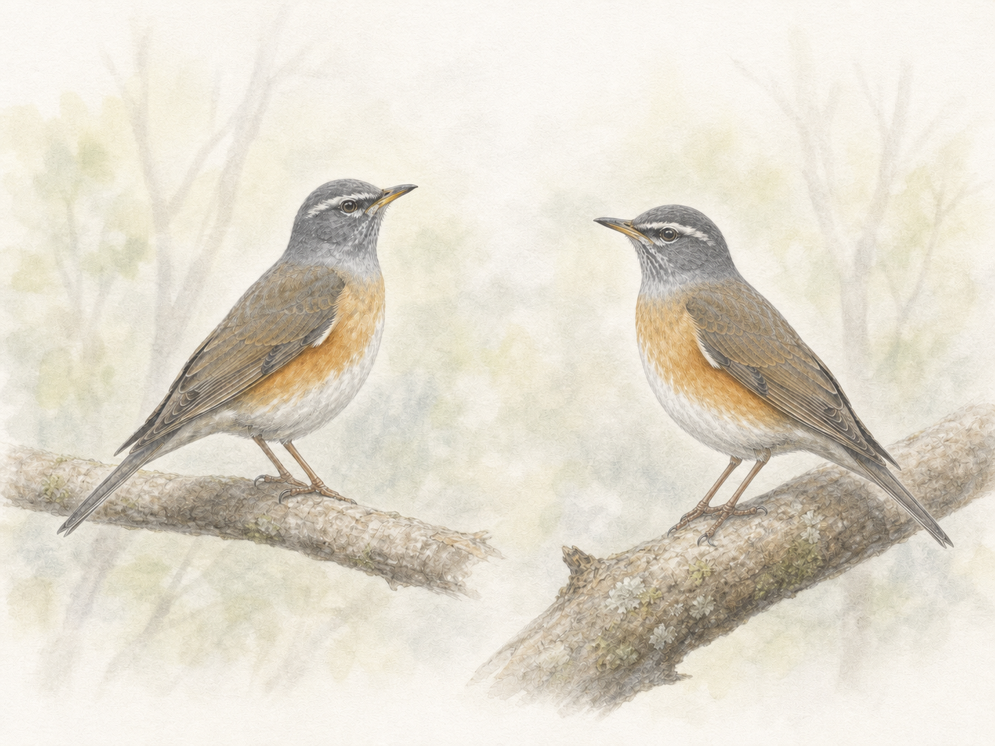 マミチャジナイの成鳥オス2羽を描いた淡い色鉛筆画