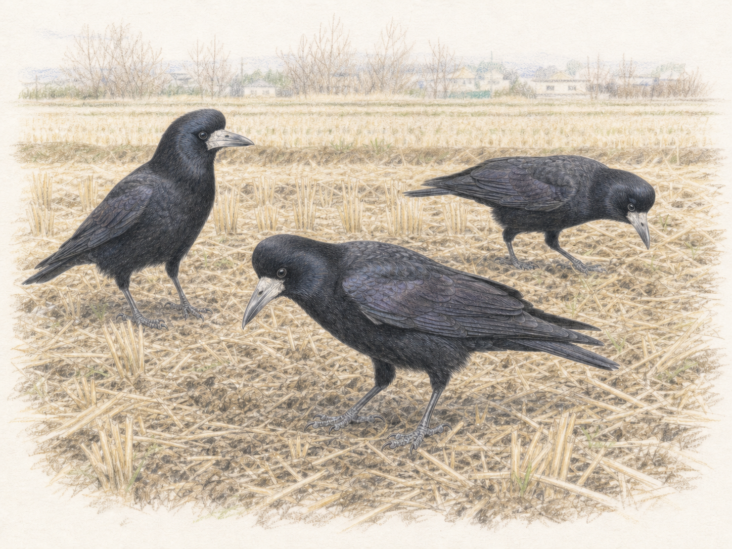張り出した丸い額がわかる冬の農耕地のミヤマガラスの群れの色鉛筆画