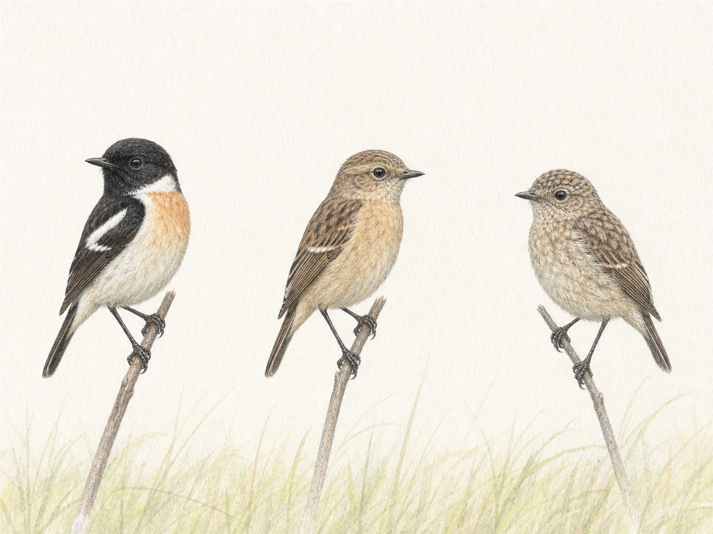 ノビタキの夏羽のオスとメスと幼鳥を横並びで描いた識別イラスト