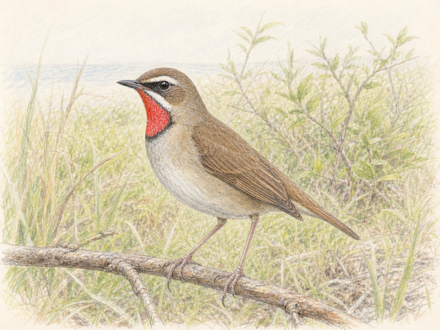 ノゴマとはどんな鳥か分かる成鳥オスの全身イラスト