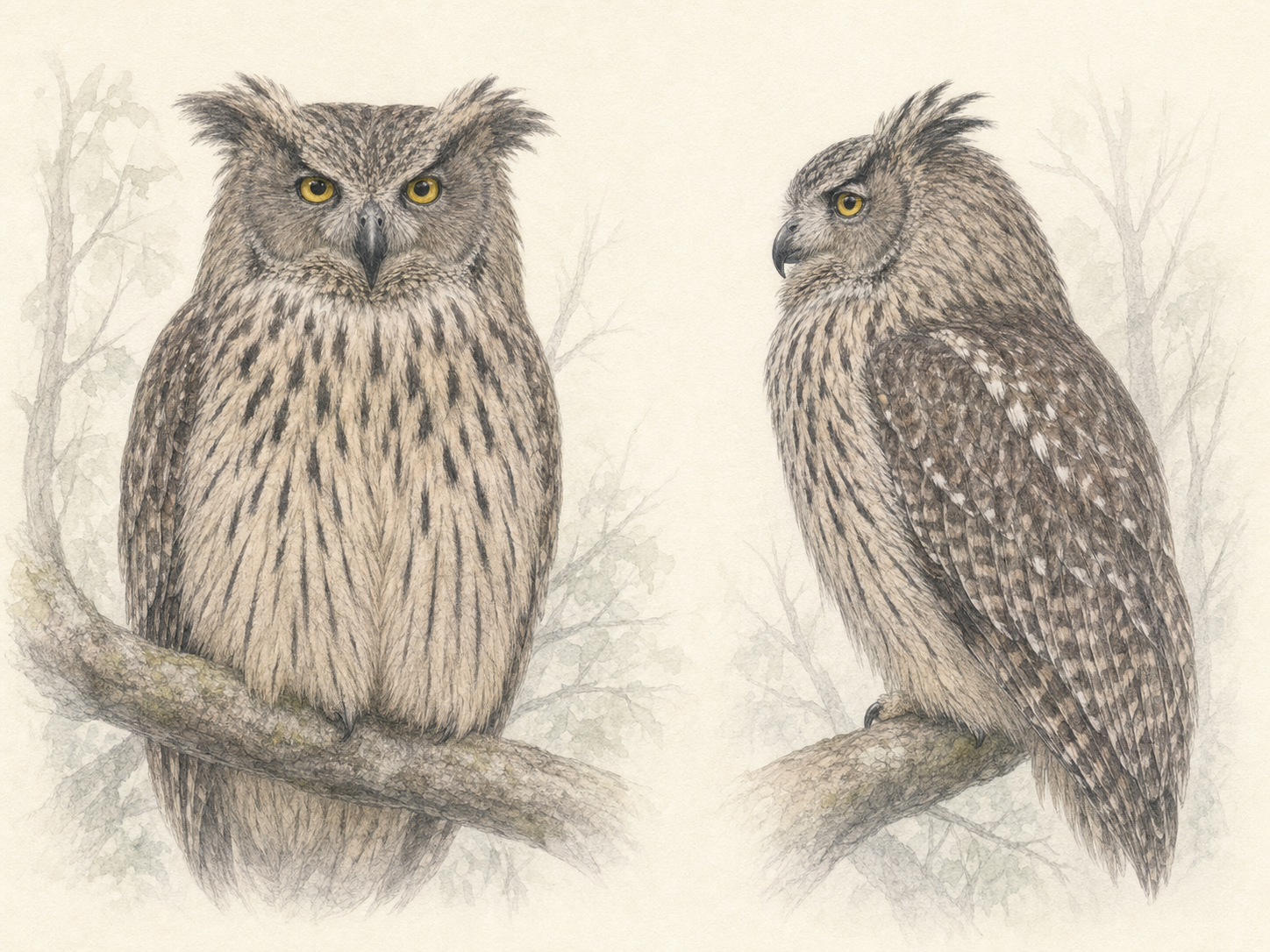 シマフクロウの正面と横向きの特徴を比較した淡い色鉛筆画