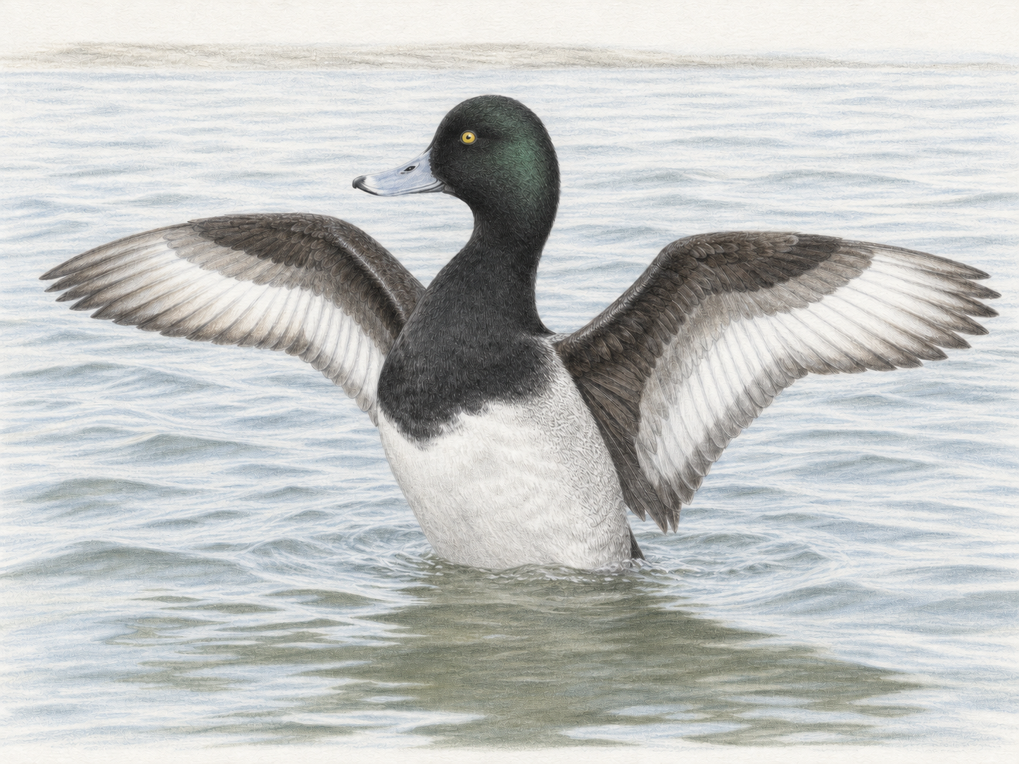 翼を広げて幅広い白い翼帯を見せるスズガモのオスの色鉛筆画