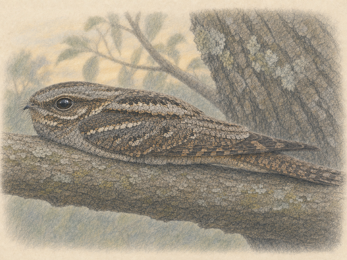ヨタカの平たい頭と大きな口と樹皮模様を示す色鉛筆画