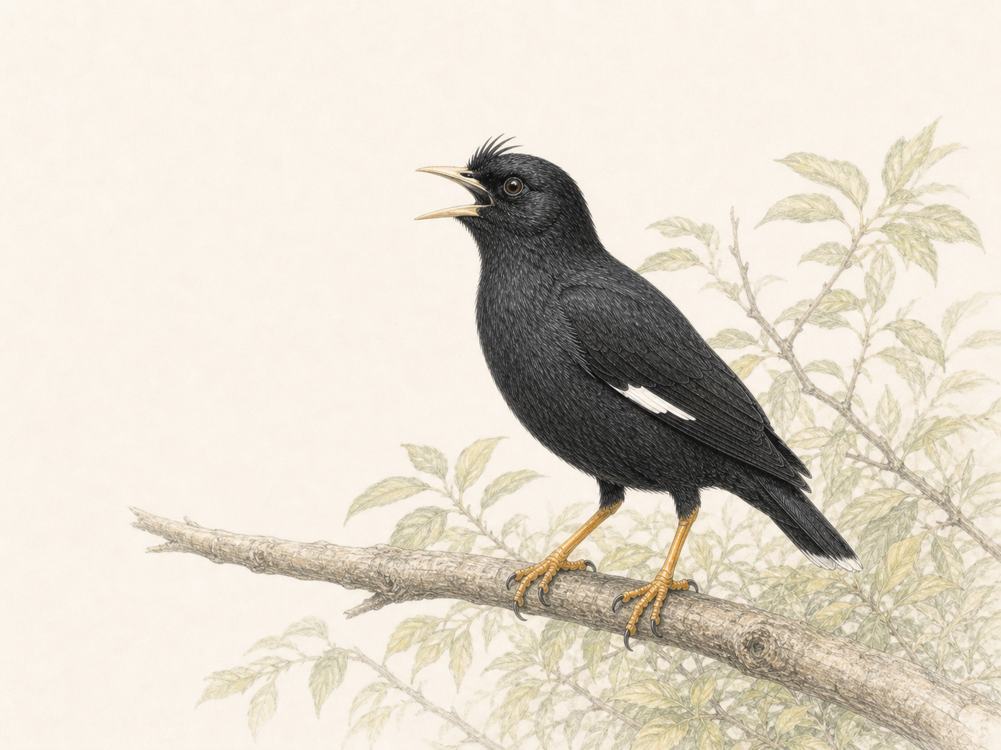 枝にとまって鳴くハッカチョウの淡い色鉛筆画