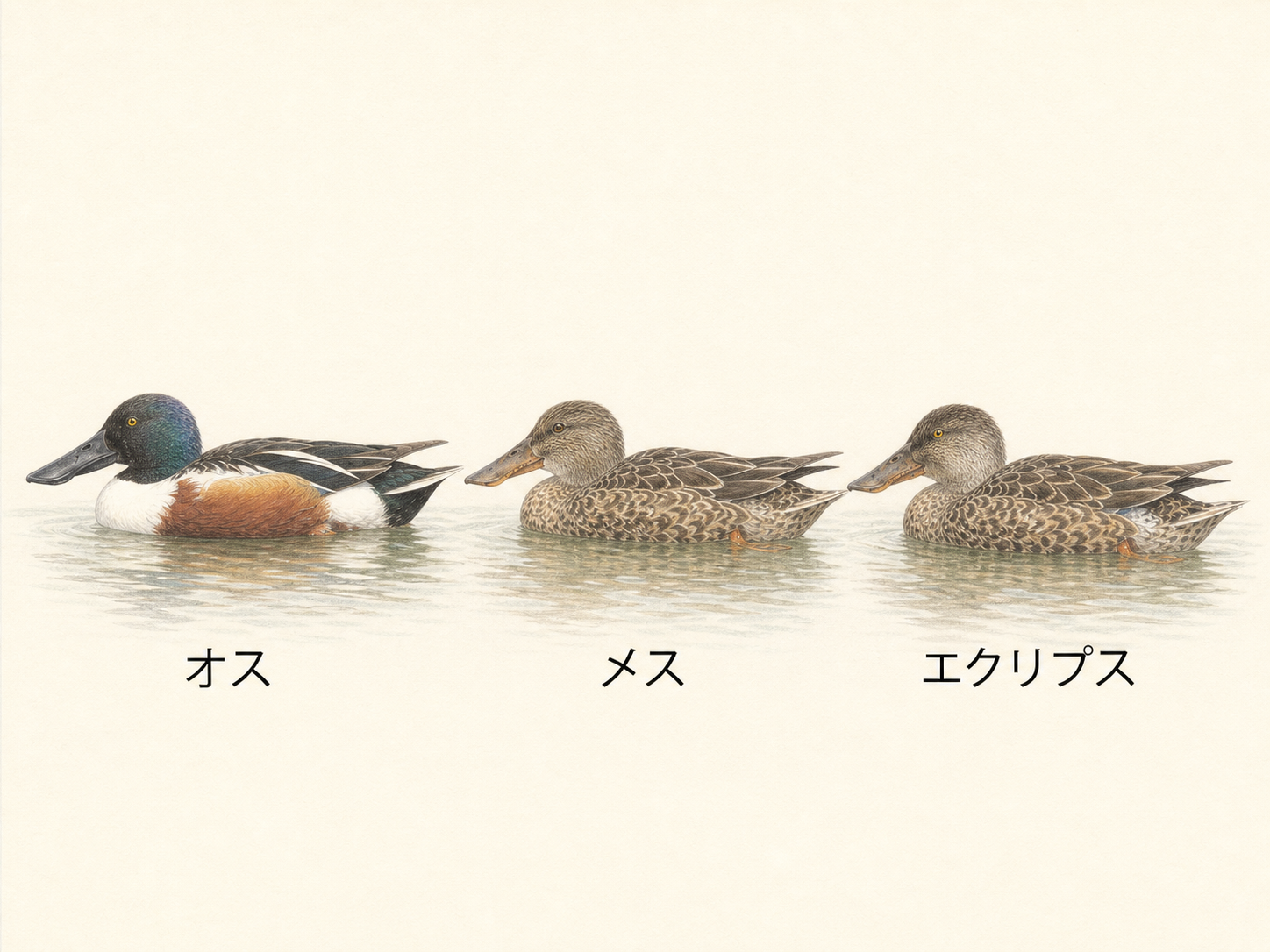 ハシビロガモのオス・メス・エクリプスの違い