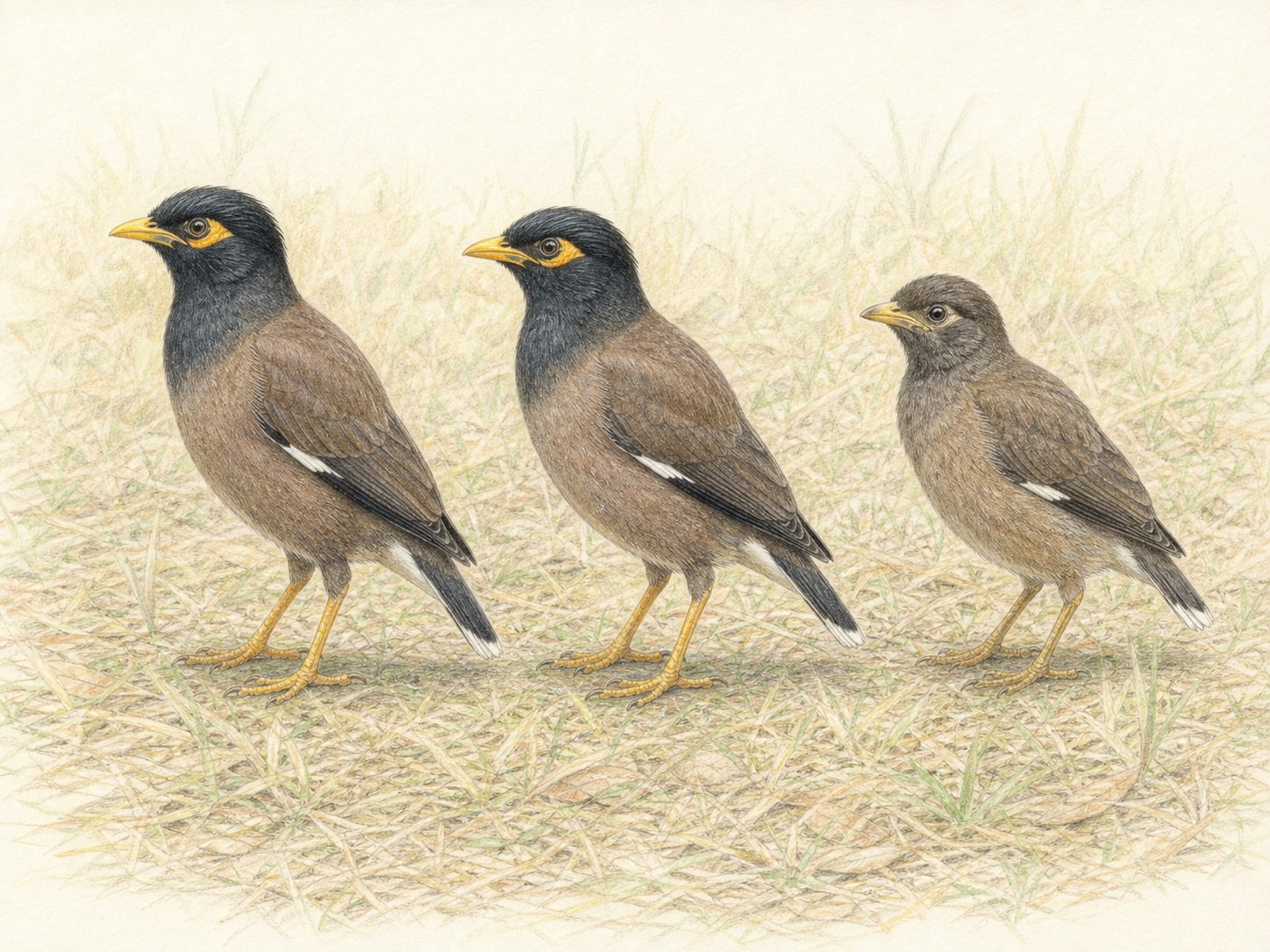 インドハッカの成鳥2羽と幼鳥の違いを描いたイラスト