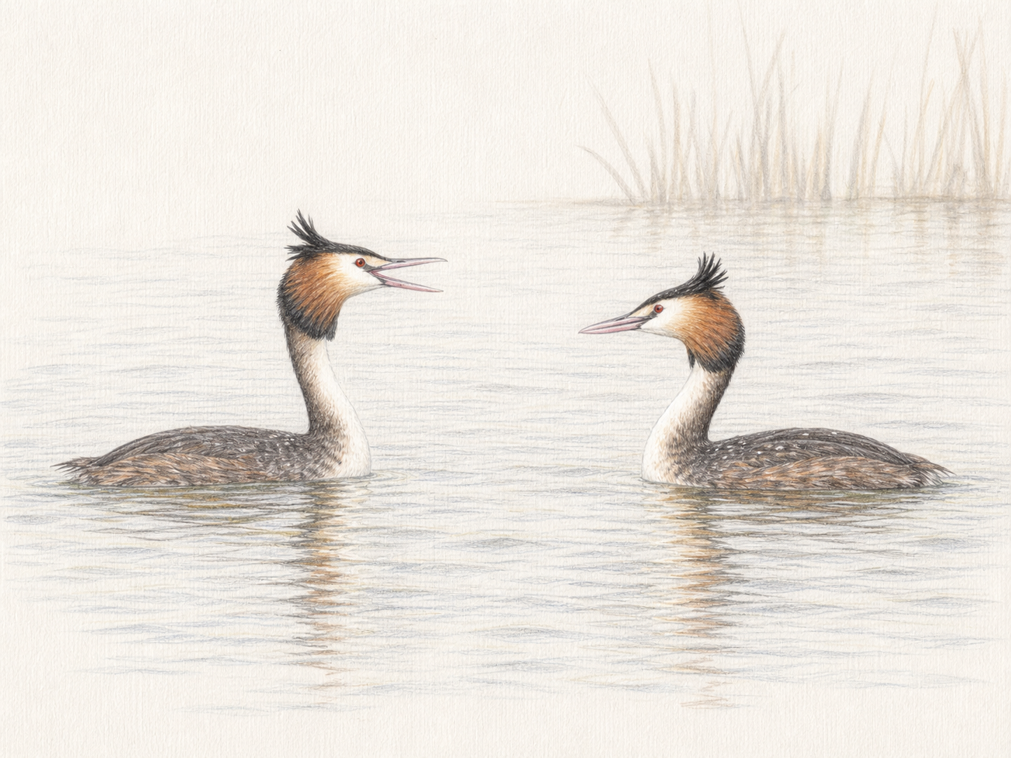 繁殖期に鳴き交わすカンムリカイツブリのつがいの色鉛筆画