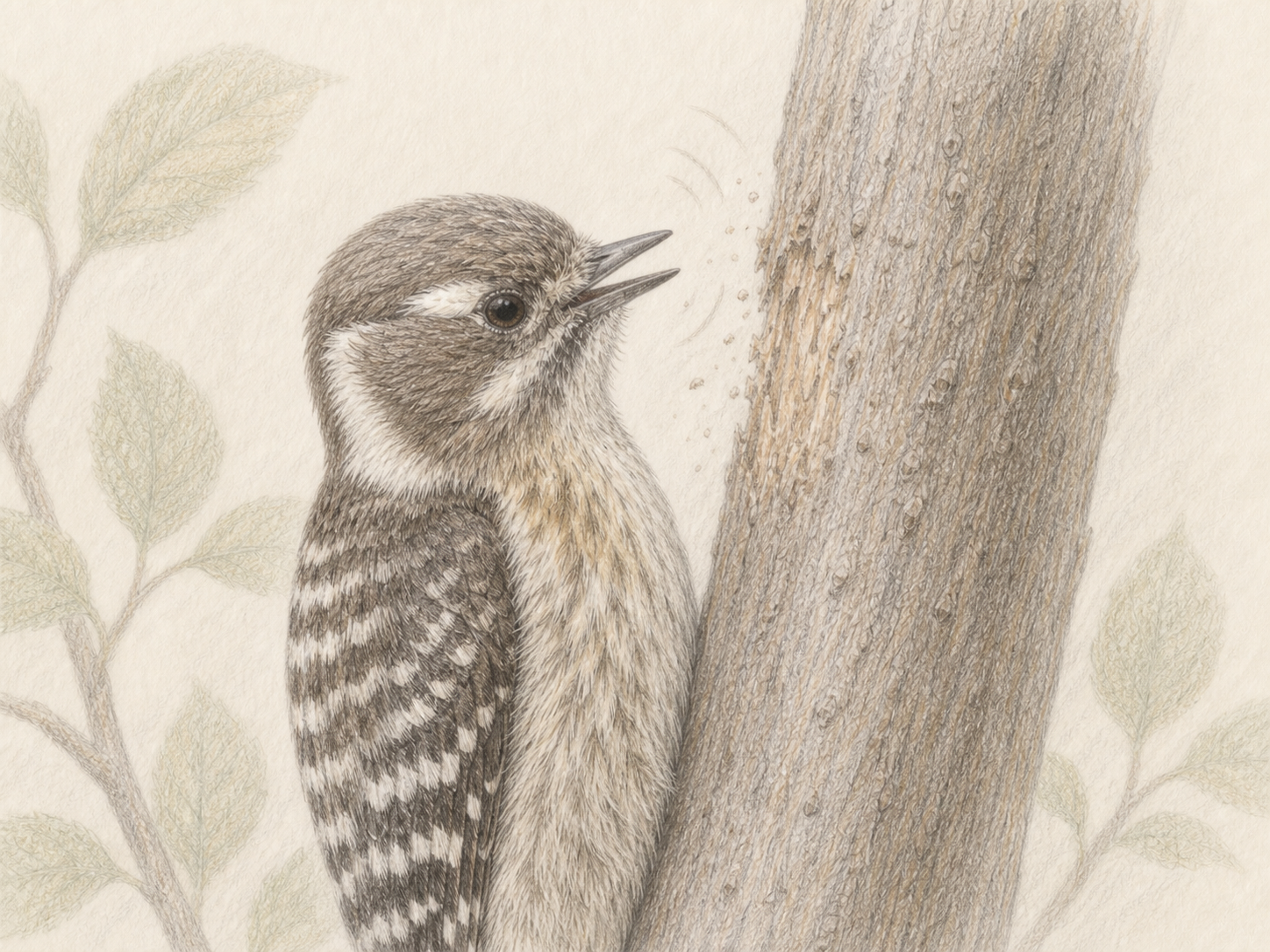 ギィーと鳴きながら木の幹をつつくコゲラの色鉛筆画