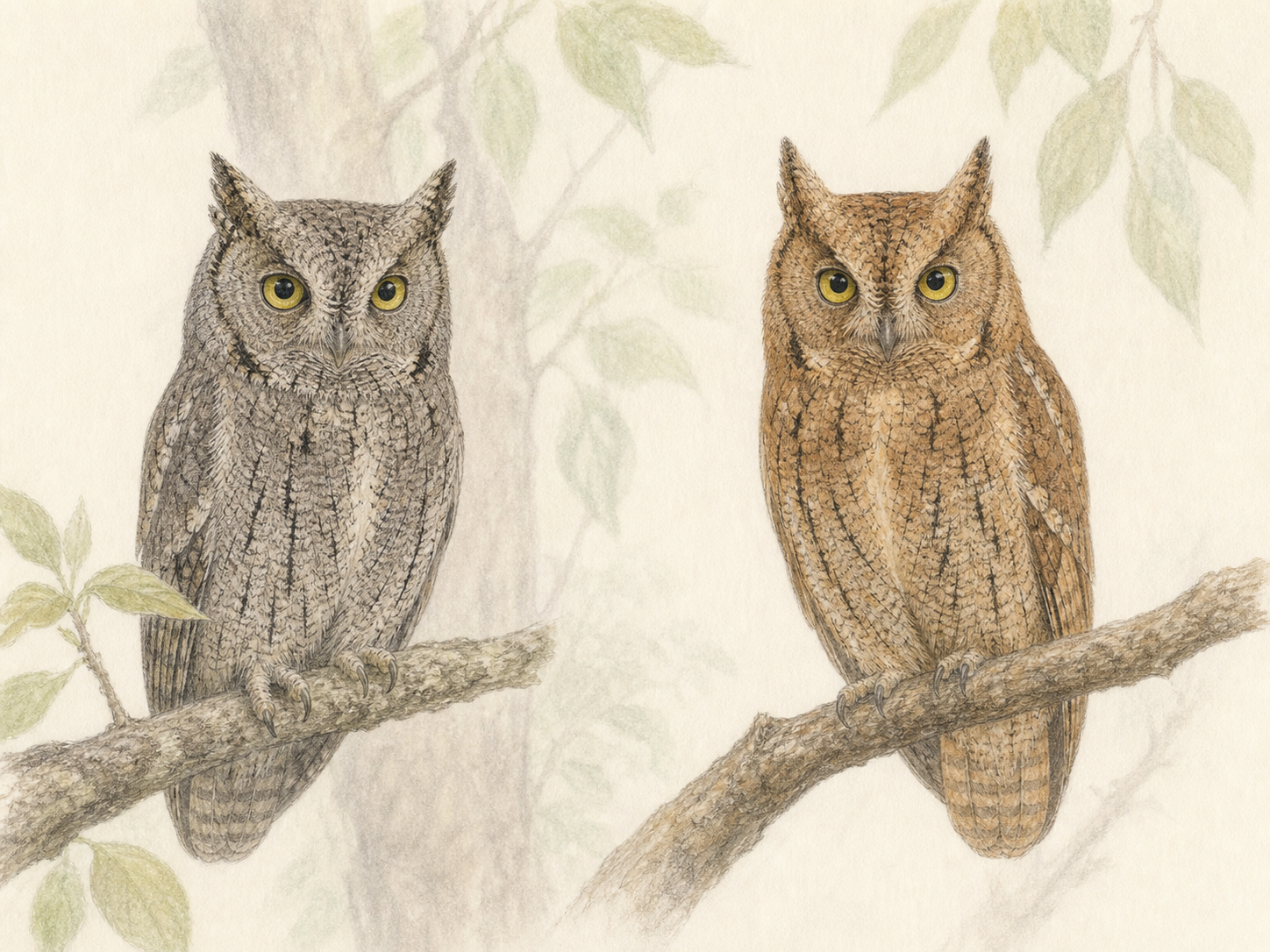 コノハズクの灰褐色型と赤色型を並べた識別用色鉛筆画