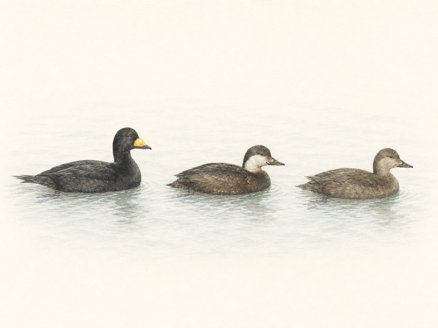クロガモの成鳥オスとメスと幼鳥の違いを比べたイラスト