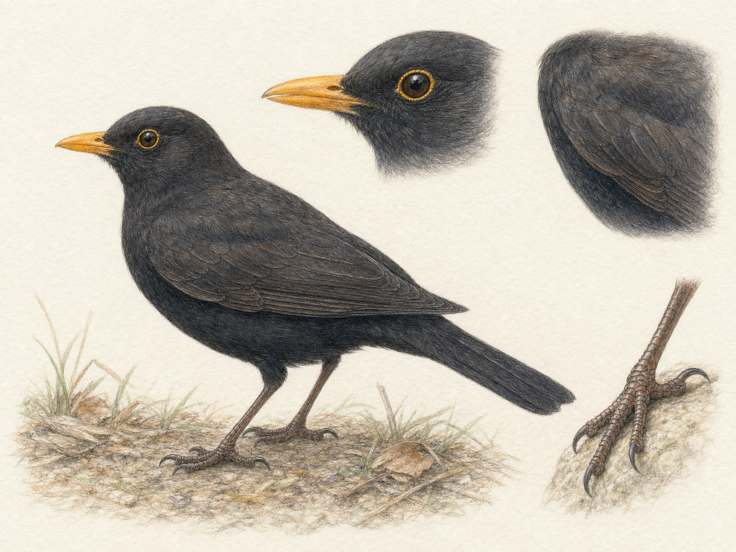 クロウタドリのくちばし・アイリング・羽色・足の特徴イラスト