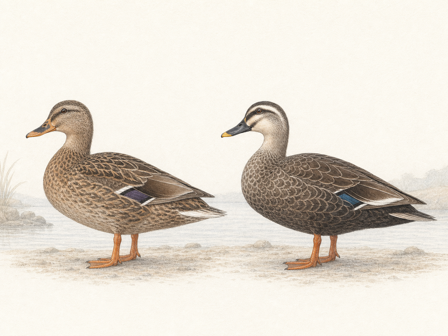 マガモのメスとカルガモのくちばしや顔の違いを描いた色鉛筆画
