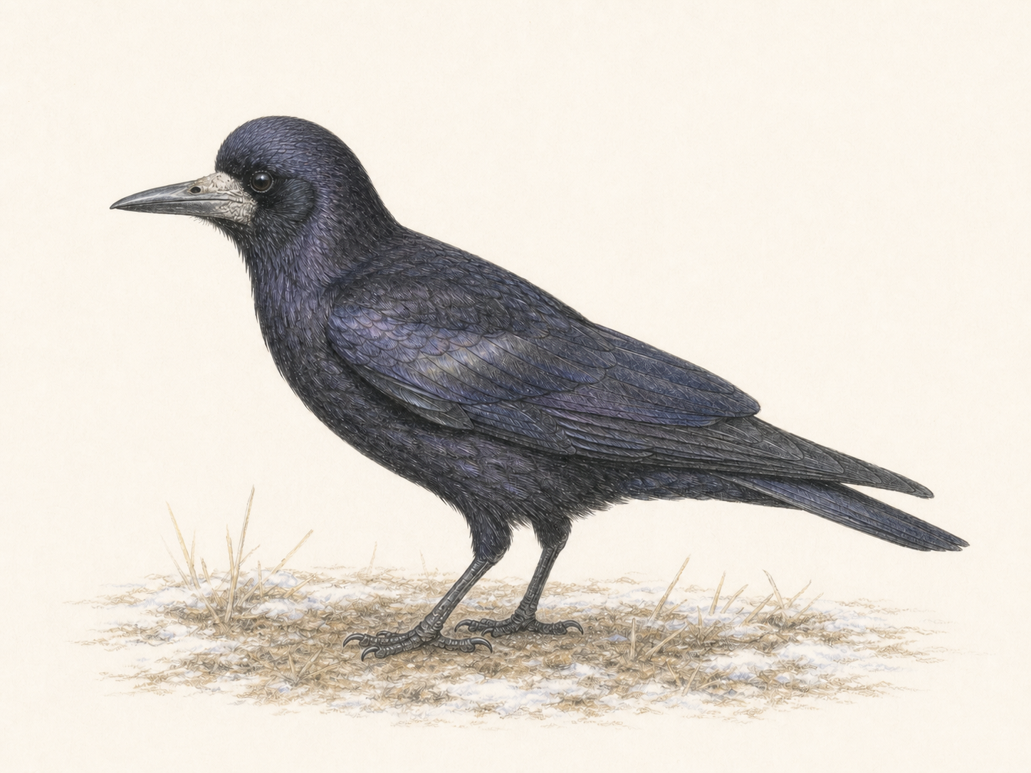 張り出した丸い額と細長い嘴がわかるミヤマガラス成鳥の図鑑風色鉛筆画