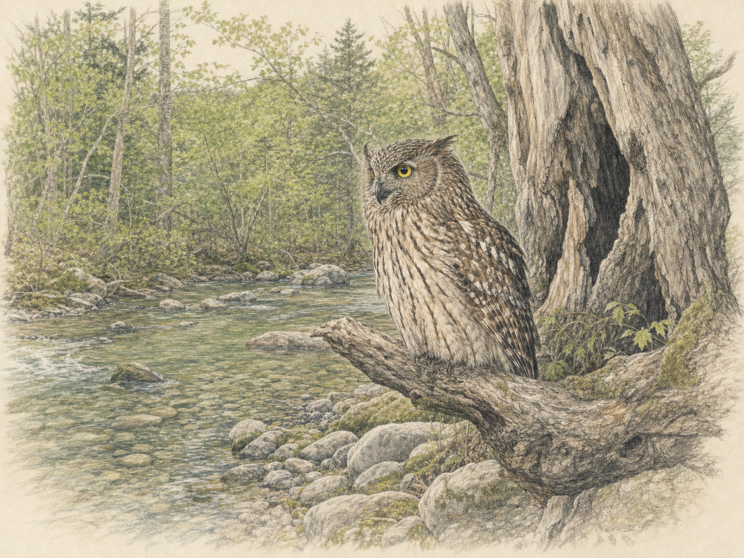 北海道の川と樹洞のある大木のそばに止まるシマフクロウの生息環境イラスト