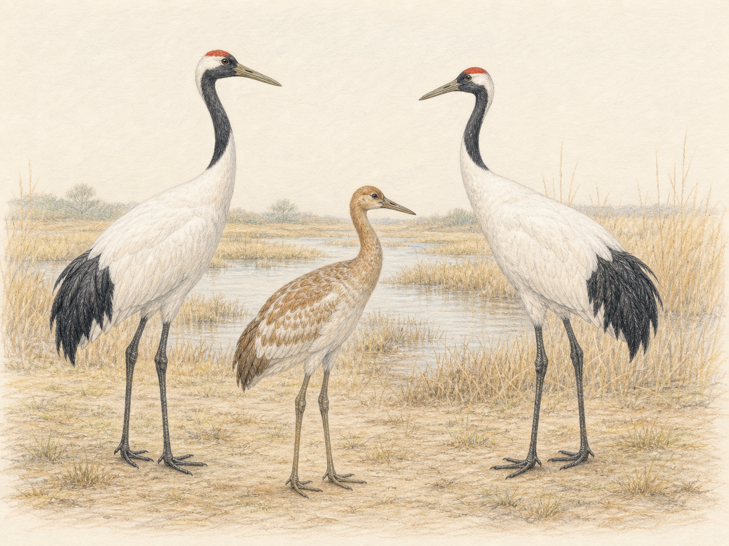 タンチョウの成鳥と幼鳥の違いイラスト タンチョウの成鳥と幼鳥の違いを湿地で比較した色鉛筆風イラスト