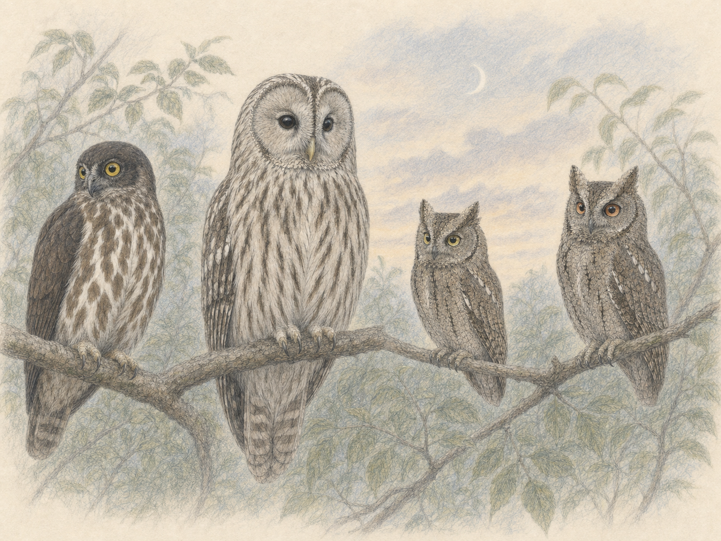 枝にとまるアオバズクとフクロウとコノハズクとオオコノハズクの色鉛筆画