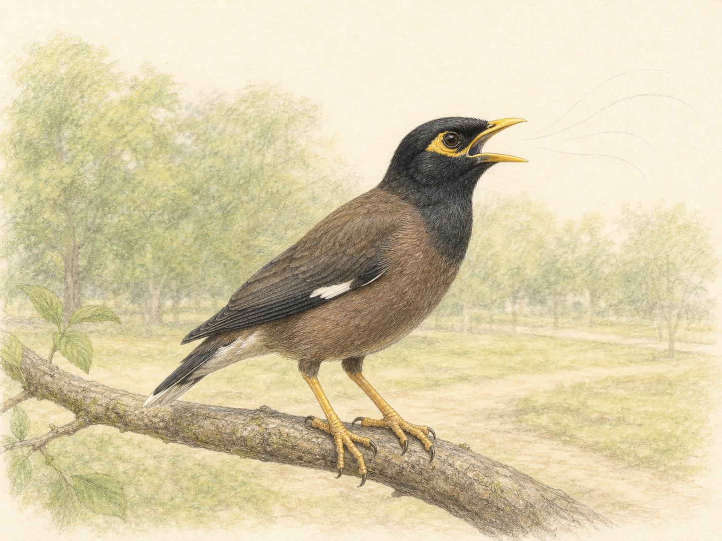 枝にとまって鳴くインドハッカの淡い色鉛筆画