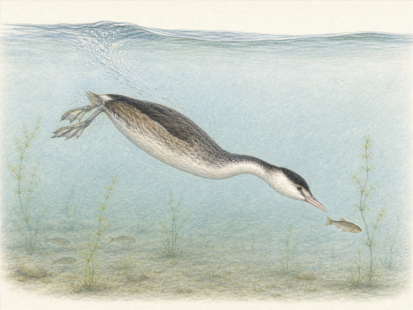 水中に潜って魚を追うカンムリカイツブリの色鉛筆画