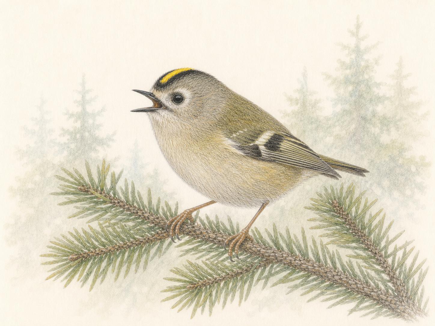 針葉樹の枝で鳴くキクイタダキの色鉛筆画