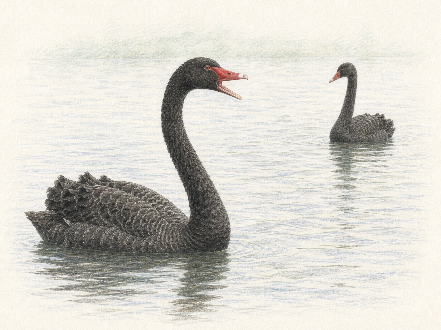水面で口を開けて鳴き交わす2羽のコクチョウのイラスト