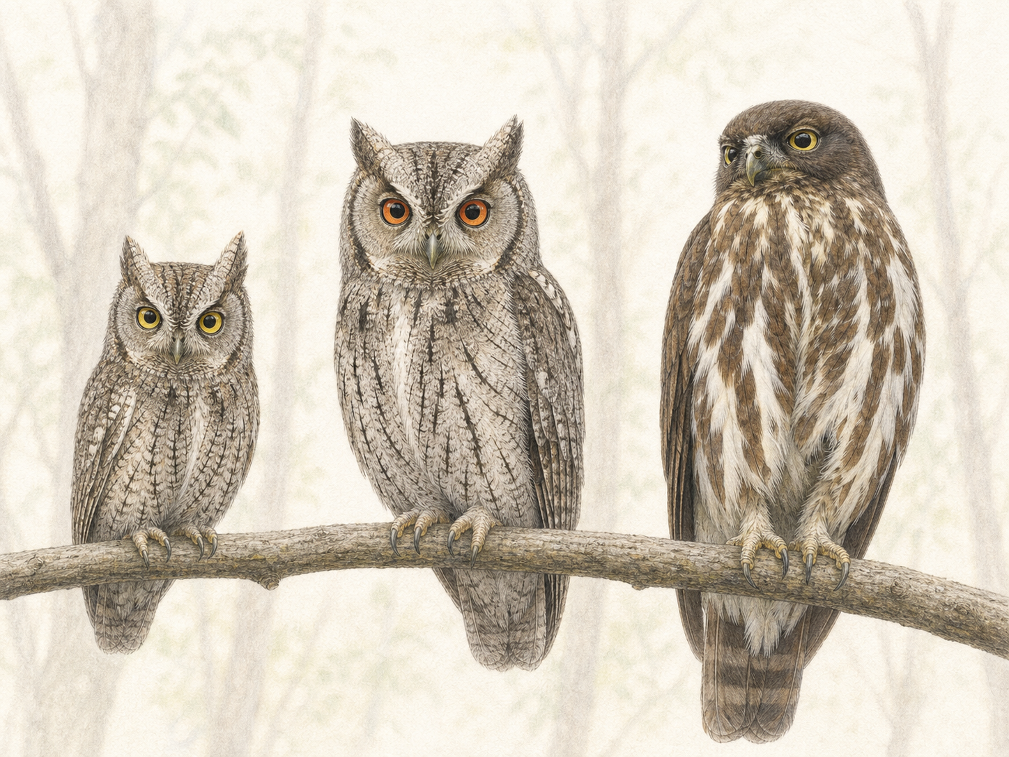 コノハズクとオオコノハズクとアオバズクの大きさや目の色を比べた色鉛筆画