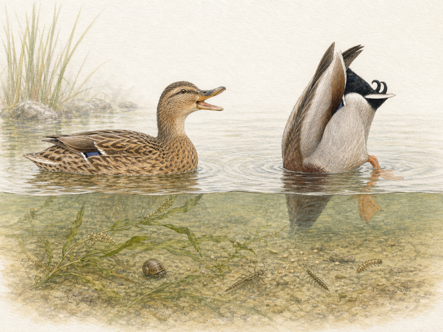 鳴くマガモのメスと水中へ首を入れて採餌するオスの色鉛筆画