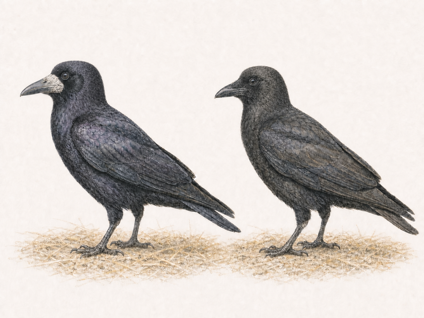 後頭部が滑らかに丸いミヤマガラスの成鳥と幼鳥を比較した色鉛筆画