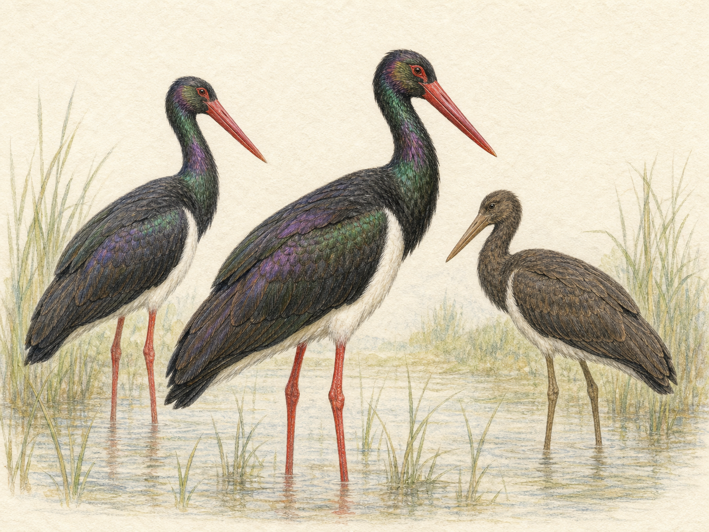 ナベコウの成鳥と幼鳥の違いを湿地で比較したイラスト
