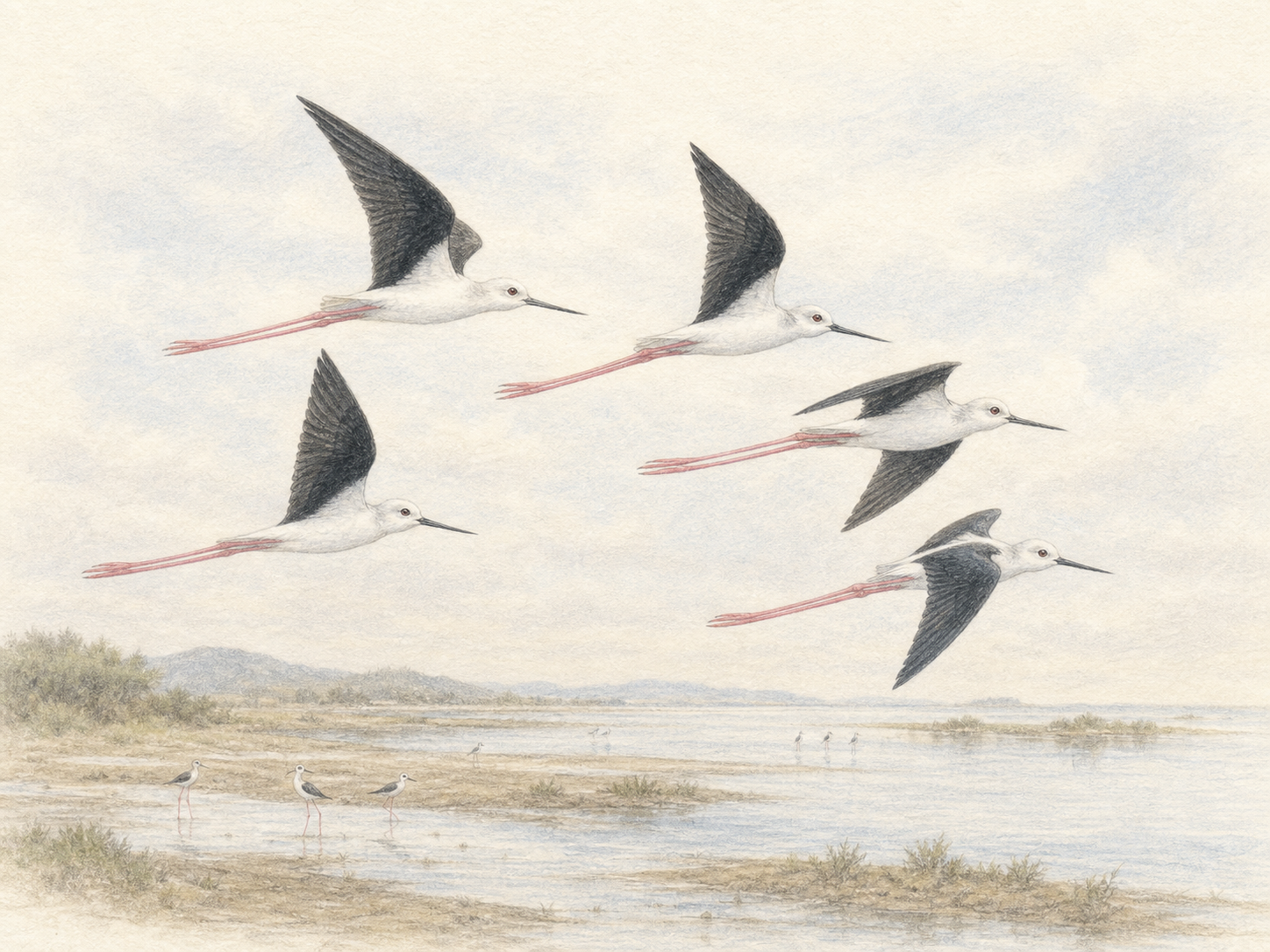 湿地の上を群れで飛ぶセイタカシギと長く伸びたピンク色の脚