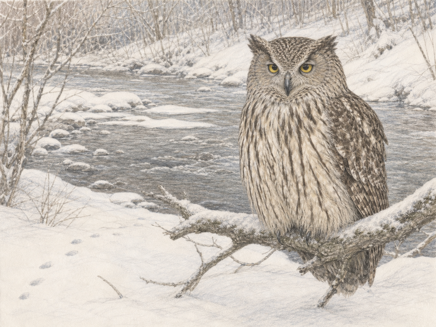 雪の積もる川辺で冬を過ごすシマフクロウの淡い色鉛筆画