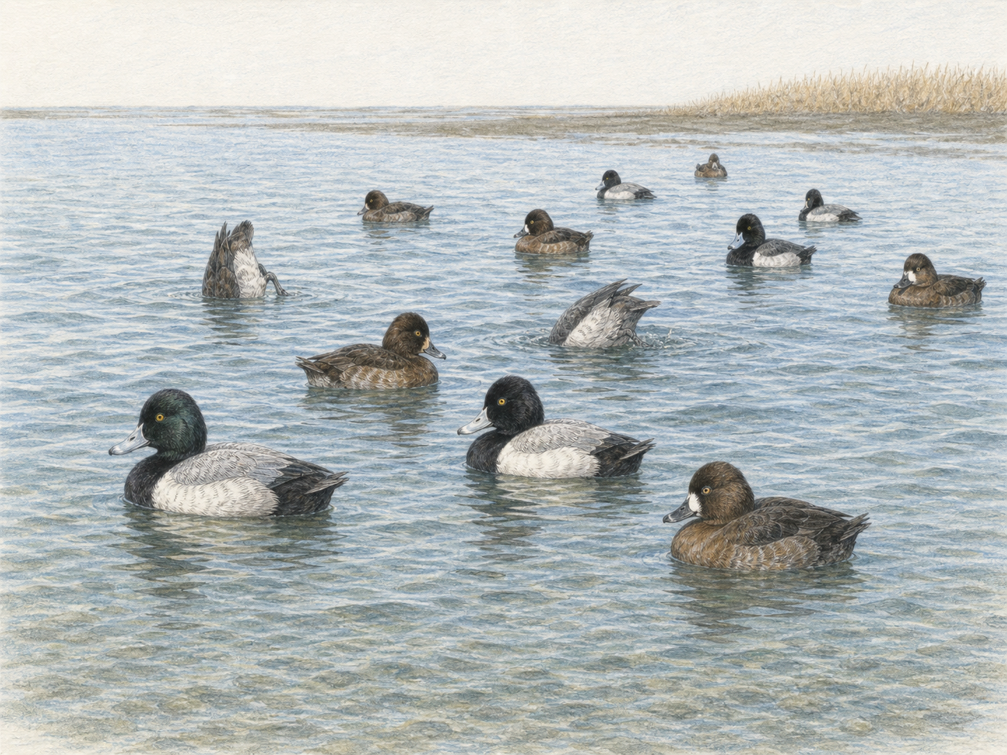 干潟のある内湾で休息と潜水をするスズガモの群れの色鉛筆画